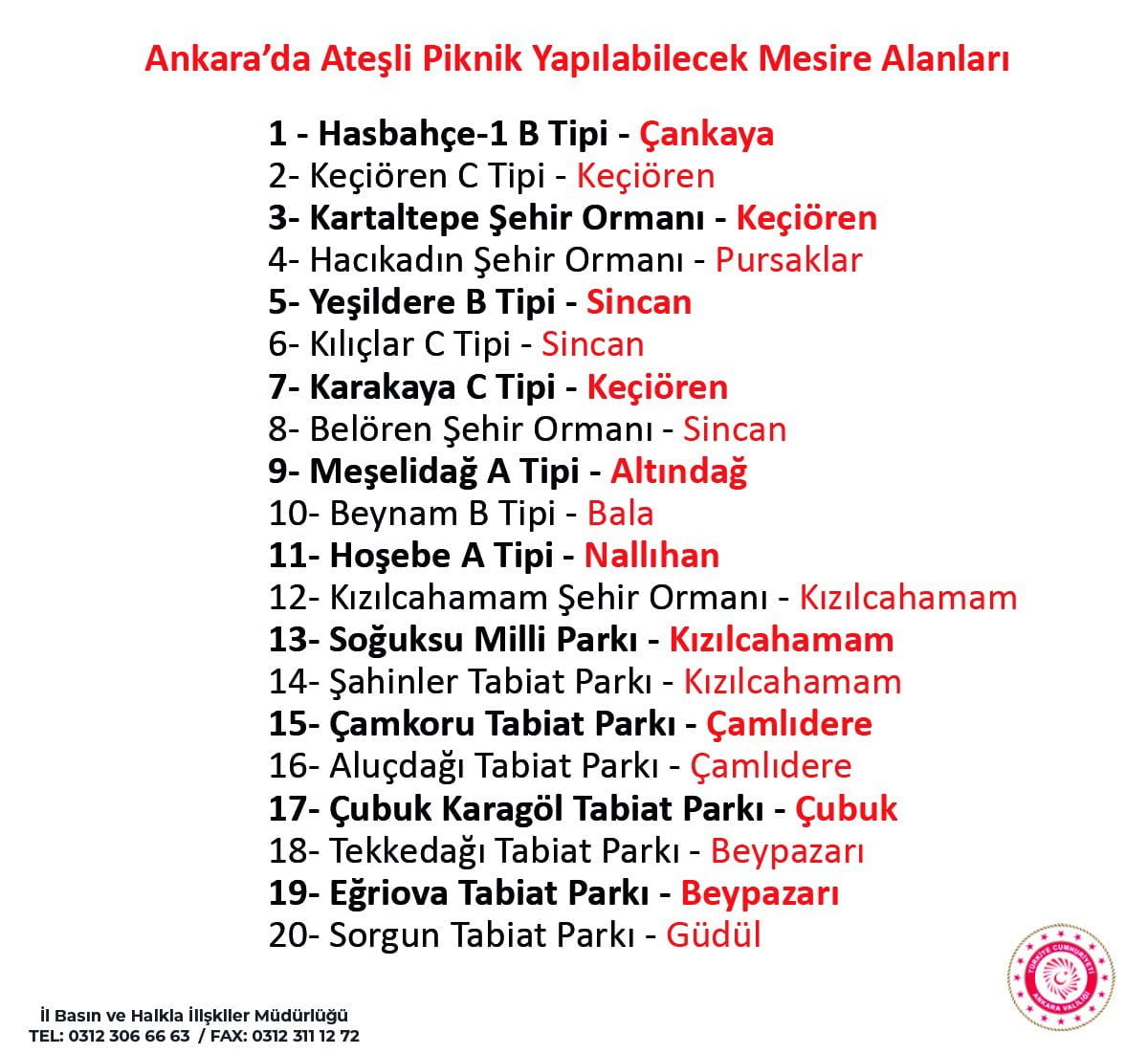 Ankara Valiliği mangal yakılabilecek alanların listesini yayınladı 2