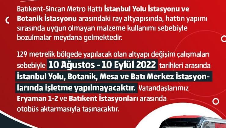 ABB uyardı: Ankara Metrosu’nda altyapı çalışması yarın başlıyor